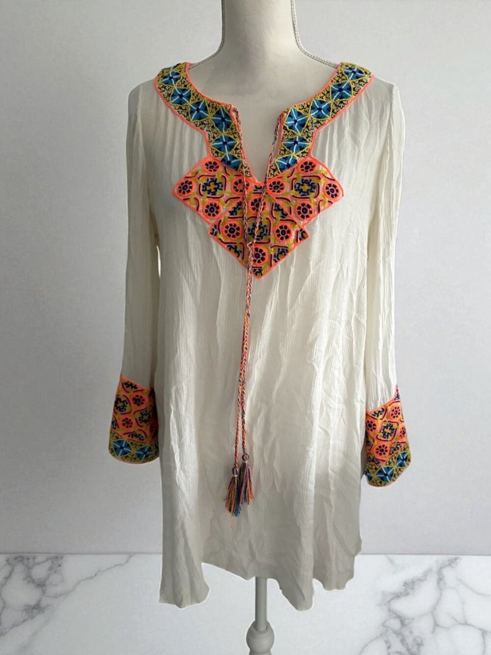 PIA PAURO Women's Handbeaded White Long Sleeeve Dress Size Small